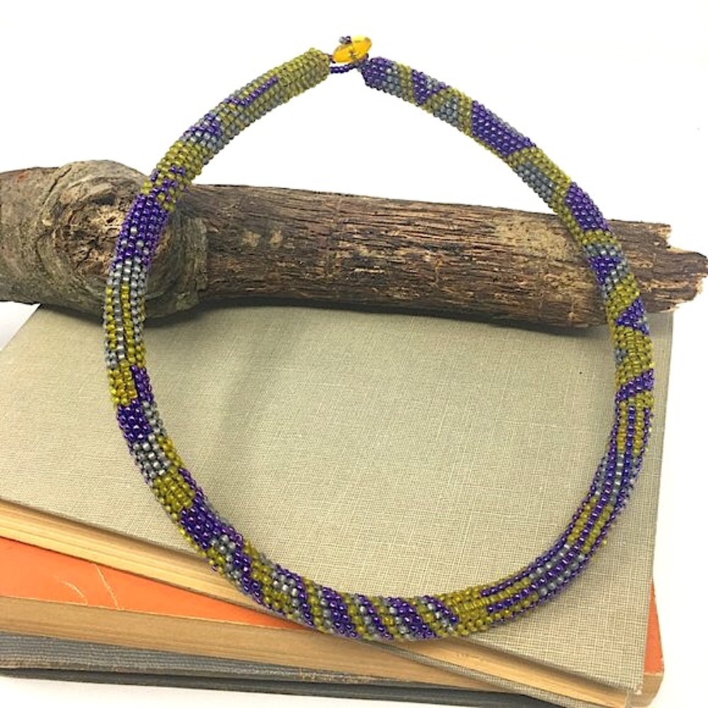 Handmade Aztec Inspired Olive Green Grey Purple Luster Peyote Stitch Rope Collar